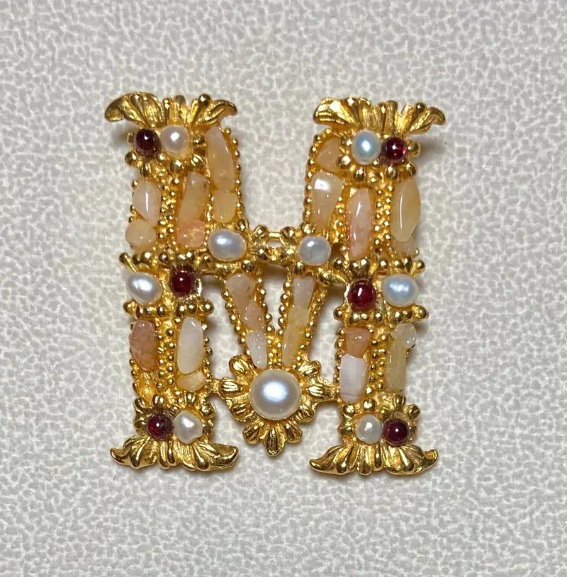 "M" Initial Brooch — Howlite, Pearl, Garnet