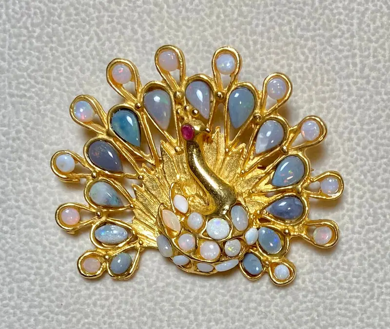 Peacock Brooch — White and Blue Opal, Ruby