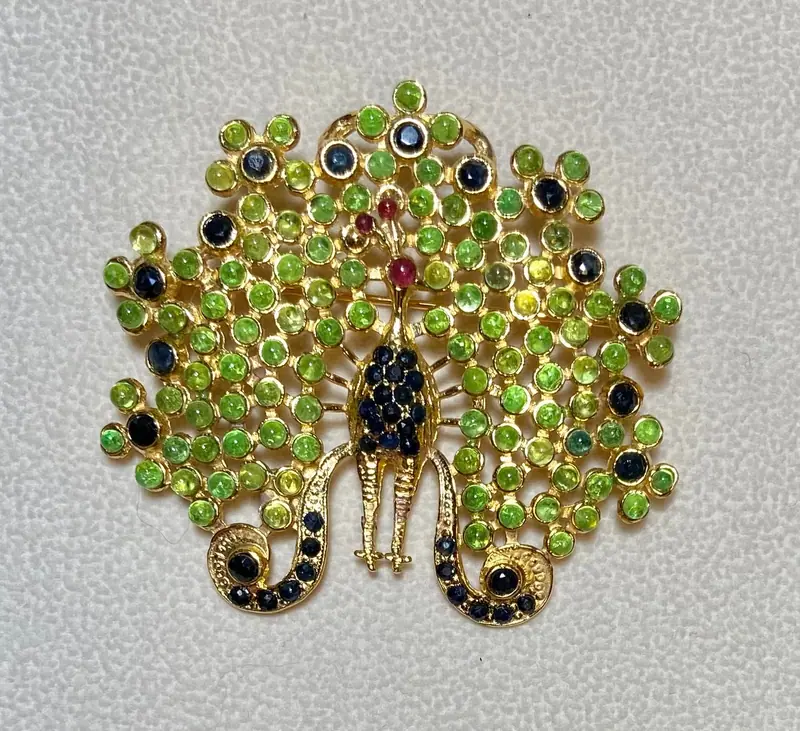 Peacock Brooch — Peridot, Sapphire, Garnet