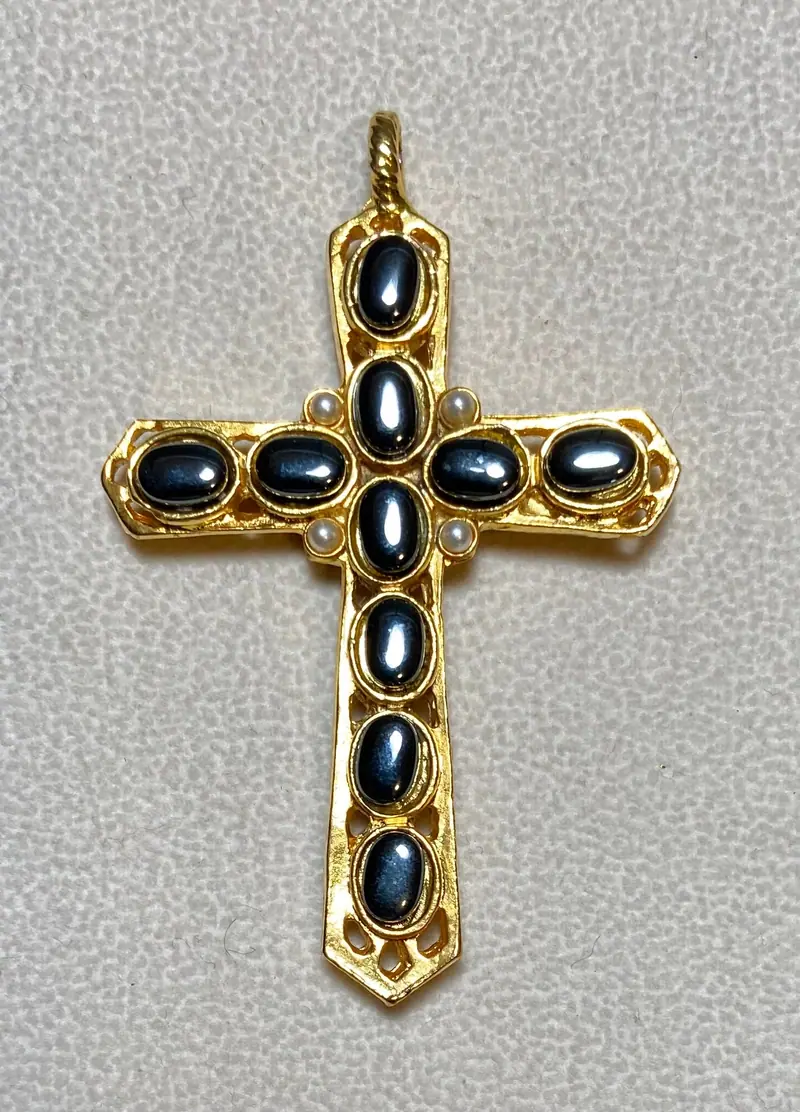 Reversible Cross Pendant — Opal, Hematite, Pearl