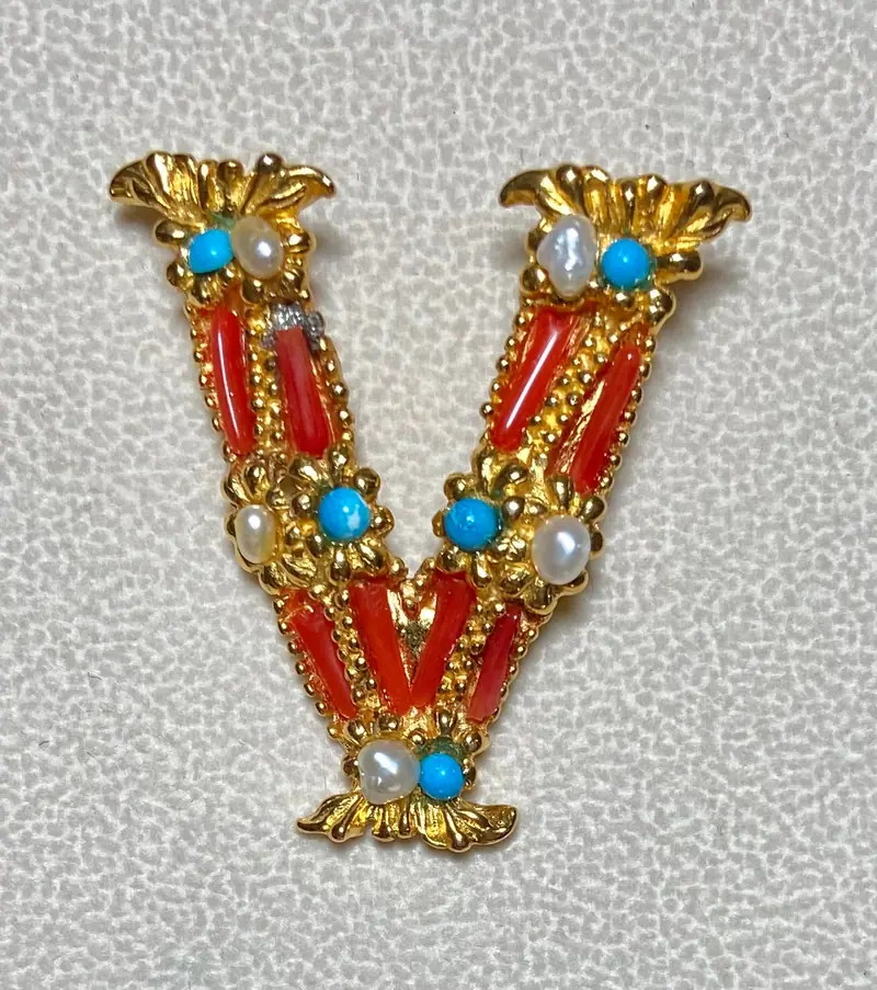 "V" Initial Brooch — Coral, Turquolite, Pearl